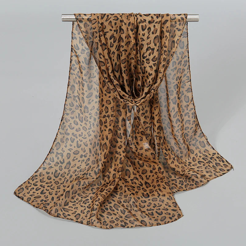 Leopard Print Chiffon Scarf Shawl Women Sunscreen Silk Scarf Turban Long Wrap Beach Travel Outdoor Accessories Trendy Headband