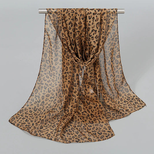 Leopard Print Chiffon Scarf Shawl Women Sunscreen Silk Scarf Turban Long Wrap Beach Travel Outdoor Accessories Trendy Headband