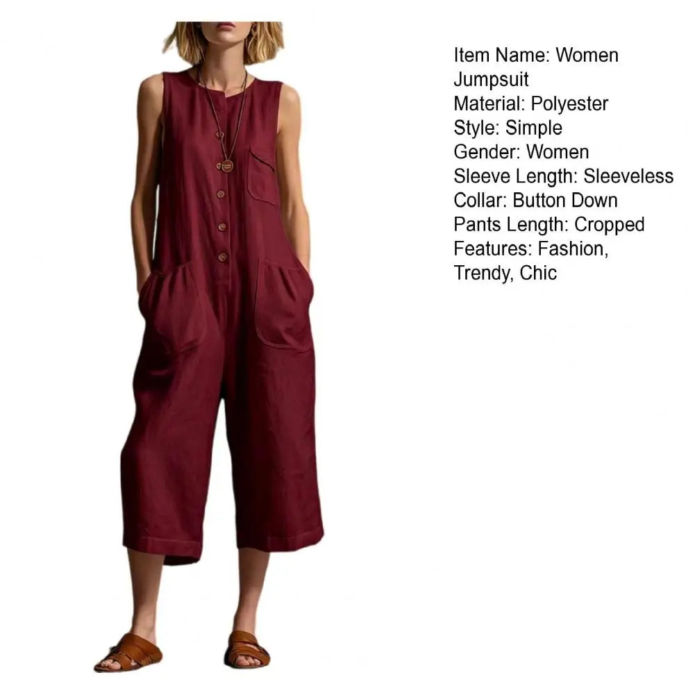 Women Summer Tank Jumpsuit Sleeveless Button Down Cropped Rompers Loose Wide-Leg Overall Pockets Hot Sale