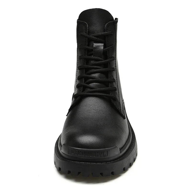 Genuine Leather Motorcycle Boots Men Winter Warm Snow Ankle Boots Man Quality Outdoor Shoes Leisure Walking Shoes Big Size 38-48