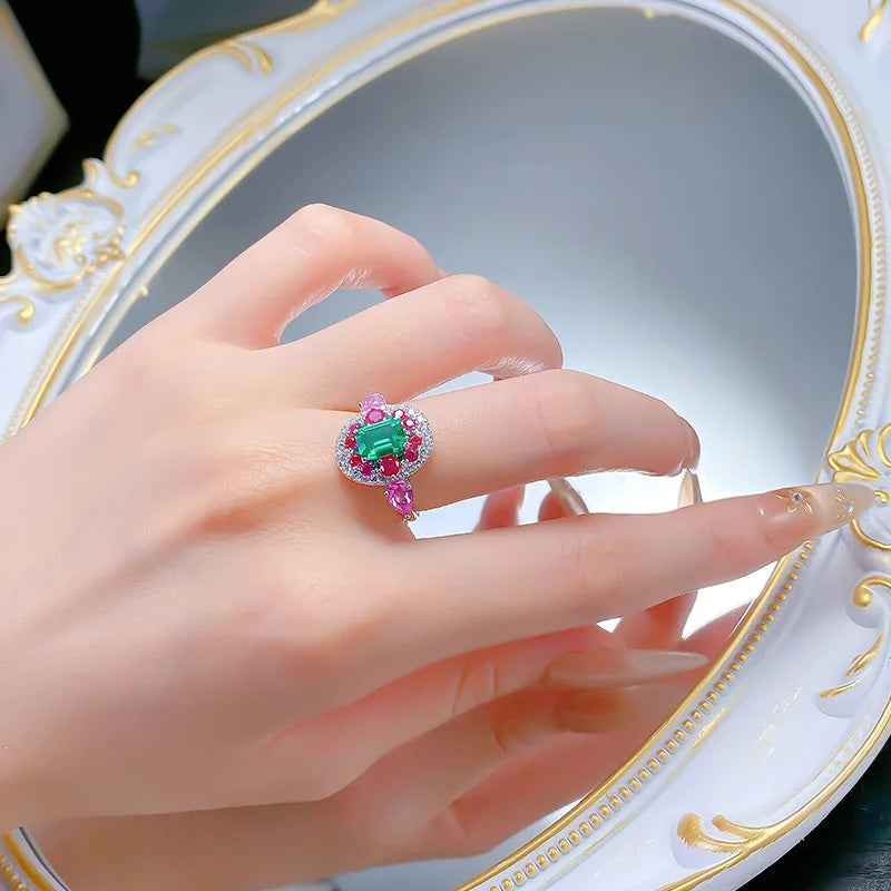 Luxury white gold solid platinum PT950 retro contrasting real emerald 5*7mm ring luxury banquet jewelry