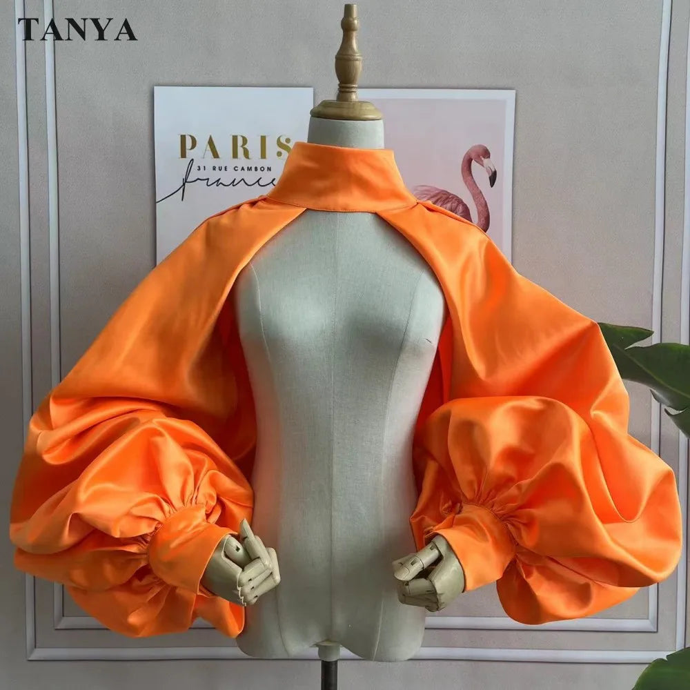 Puffy Sleeves Satin Bolero Topper Blouse Cover Arms Fashion Green Jacket Cloak Short Shawl High Neck With Buttons Customize