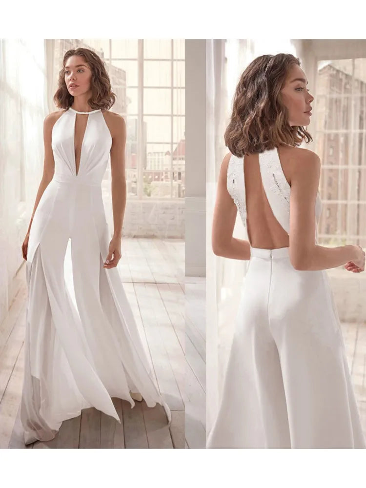 Solid Color Neckband Woman's Jumpsuit Summer Sexy Backless Deep V-neck Fashion Sleeveless Wide Leg Jumpsuits Ladies Streetwear