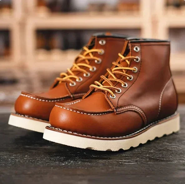 Men's Goodyear-Welted Vintage Genuine Leather Mid-calf Motorcycle Boots Round toe Casual Punk Dress Boots Work Shoes Western Red