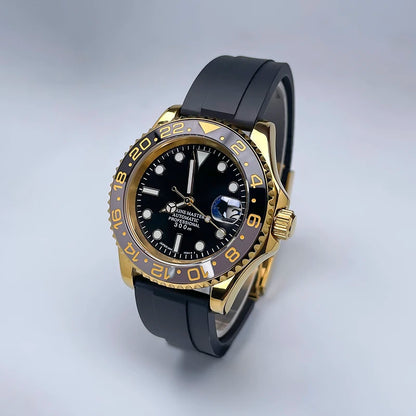 NH35 Automatic Watch Men 40MM Full Gold YM Ceramic Bezel Two-Way Rotating Sapphire Glass Luminous Luxury Rubber Strap for Man