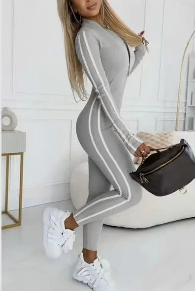 Fashion V-neck Long Sleeve Stripe Bodycon Jumpsuits 2025 Woman Autumn Winter Solid Sport Zipper Slim Jumpsuits For Women