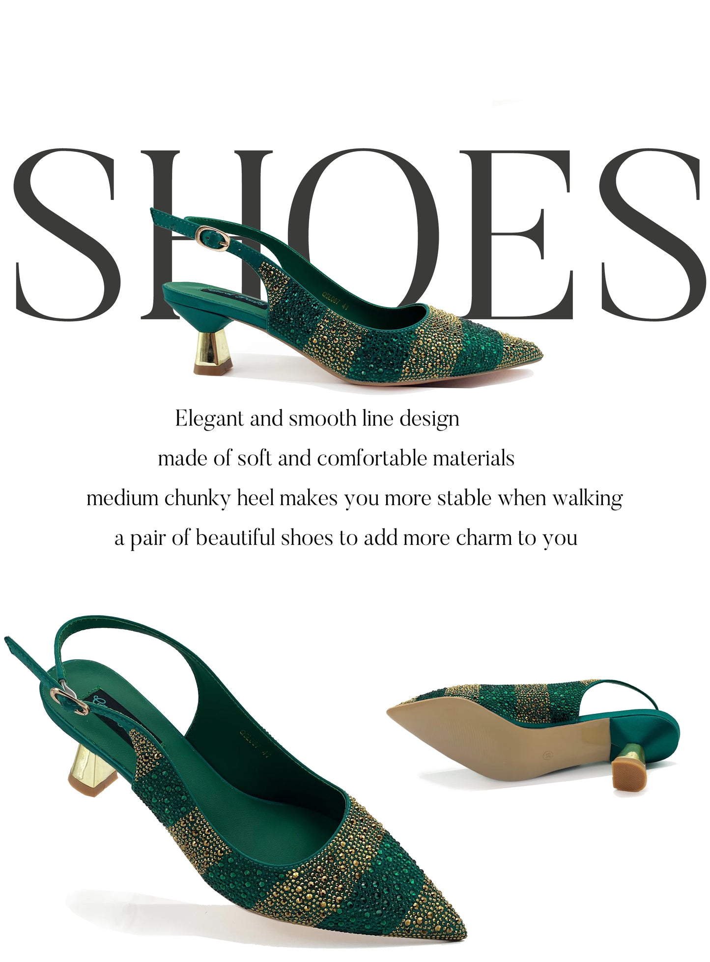 2026 Nigerian Women Heel Ladies Italian Luxury Design Green Shoes And Bag Set Decorated with Rhinestone Handbag Wedding Party