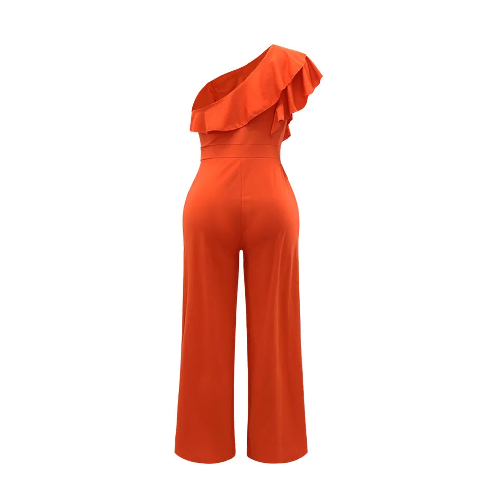 Casual Women's Solid Color Jumpsuits Summer Oblique Collar Black Ears High Waist Wide-leg Pants Fashionable Summer Jumpsuits