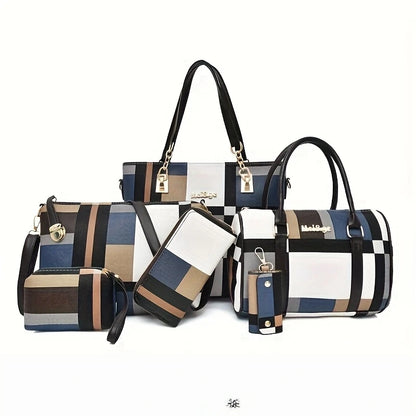 6 Pcs Women Plaid Handbag Set Fashion Checkered PU Leather Tote Shoulder Crossbody Bag Ladies Clutch Purse Card Coin Wallet Multi-piece Bag Set For Daily Shopping Party