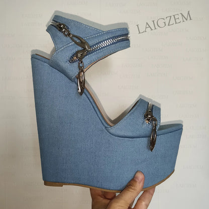 ZHIMA Women Sandals Platform Wedges 17CM High Heels Pumps Peep Toe Denim Handmade Ladies Shoes Woman Big Size 38 41 44 47 48