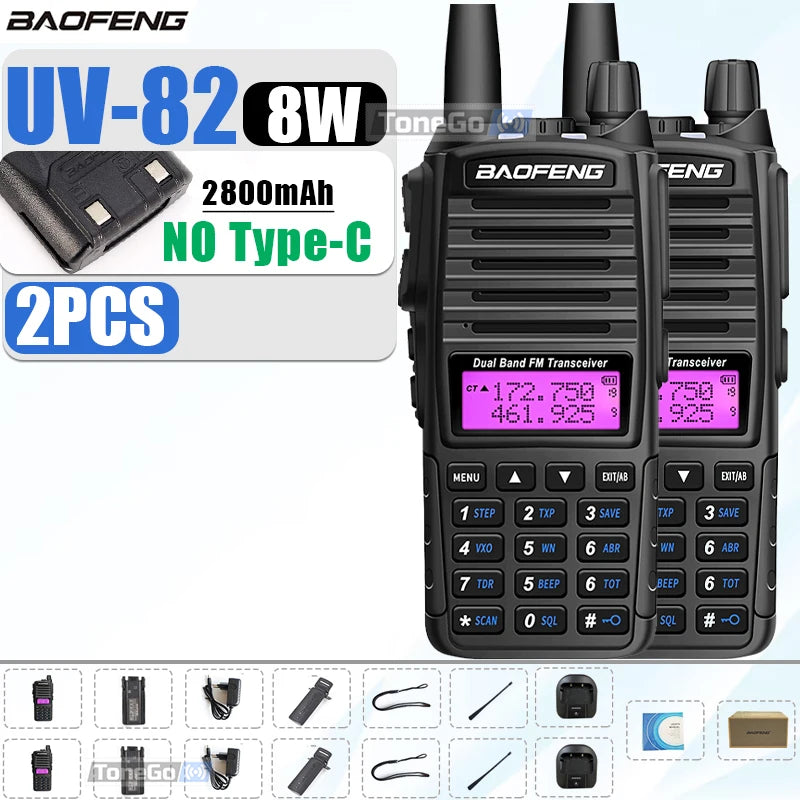 1/2Pcs Baofeng UV-82 Walkie Talkie 5/8W Tri-Power FM Radio Type-C Charger Dual PTT Dual Band VHF/UHF Two Way Camouflage For Hunt