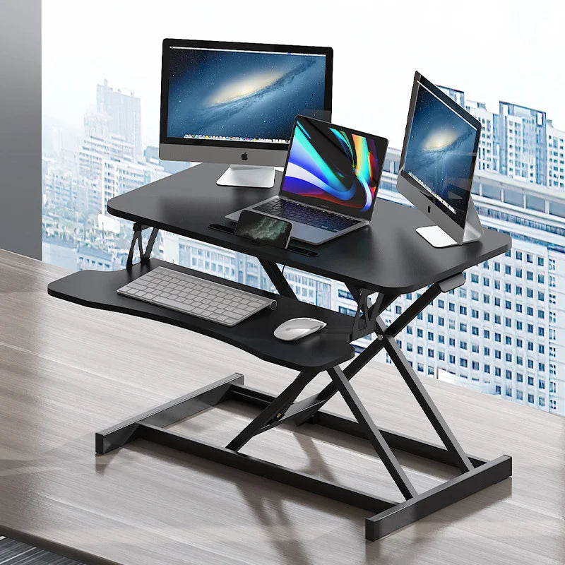 32" Modern Height Adjustable Desk Converter, Sit Stand Dual Monitor & Laptop Workstation with Wide Keyboard Tray, Eco-Friendly