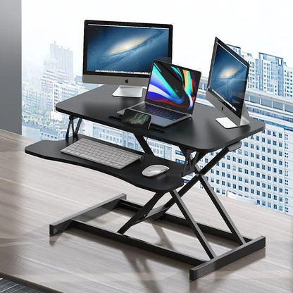 32" Modern Height Adjustable Desk Converter, Sit Stand Dual Monitor & Laptop Workstation with Wide Keyboard Tray, Eco-Friendly