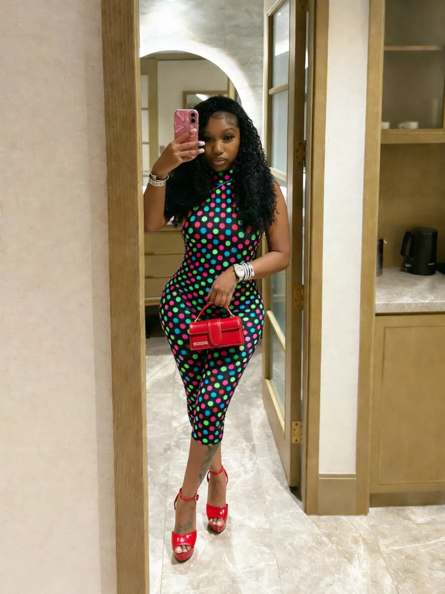 European and American New Style Women's Clothing Spring and Summer Polka Dot Print Elastic Halter Neck Backless Slim Fit Jumpsuit Women's Jumpsuit