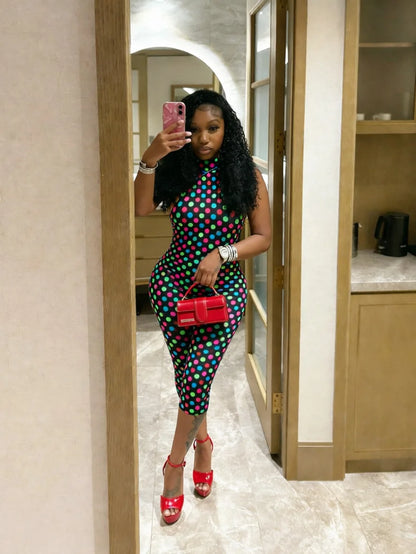 European and American New Style Women's Clothing Spring and Summer Polka Dot Print Elastic Halter Neck Backless Slim Fit Jumpsuit Women's Jumpsuit