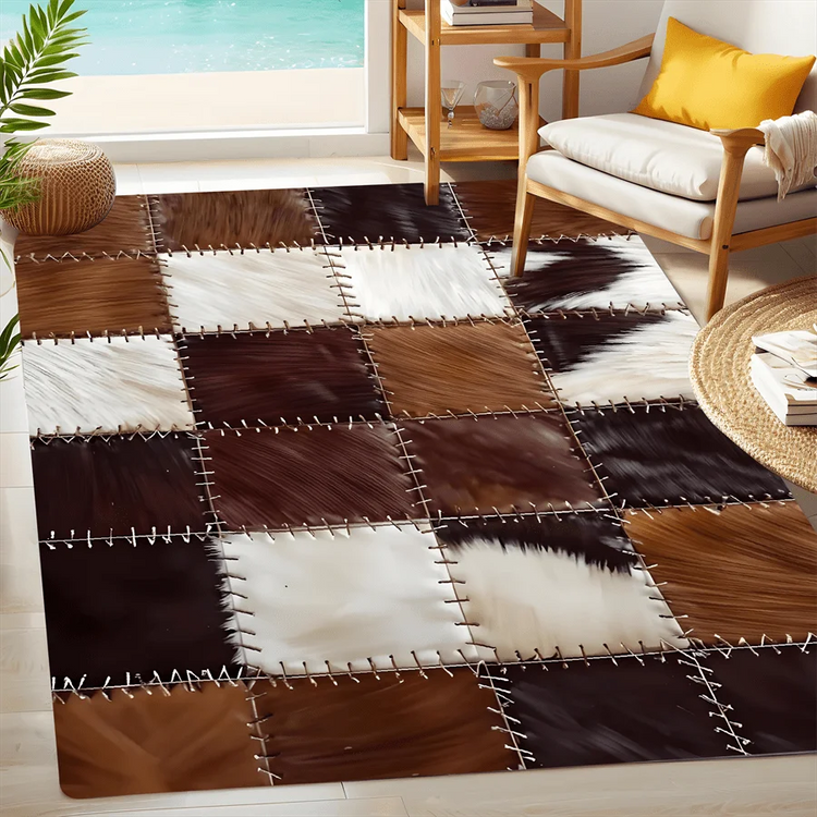 Checkered Cow Leather Pattern Doormat, High-Quality Flannel Non-Slip Machine Washable Rug for Multi-Room Multi-Holiday Decor