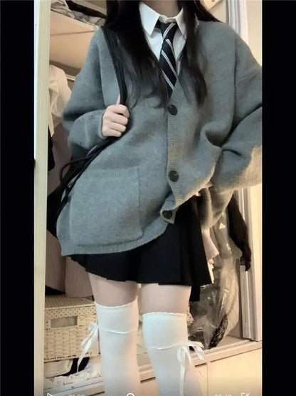 Japanese and Korean College Style V-neck Autumn Winter Grey S-8XL School Uniform JK Long Sleeve Women's Role Play School Girl