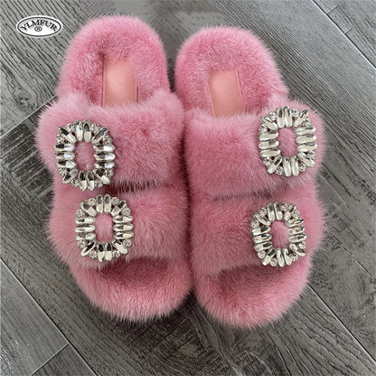 2025 New Women Fur Slippers Shoes Women Warm Winter Crystal Fur Shoes For Women Slippers Casual Plush Comfortable Mink Slippers