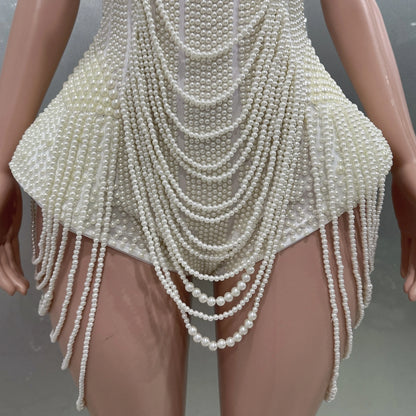 Luxury Pearls Beading Sexy Halter Backless Bodysuit Evening Party Performance Costume Bar Nightclub Singer Dancer Stage Wear