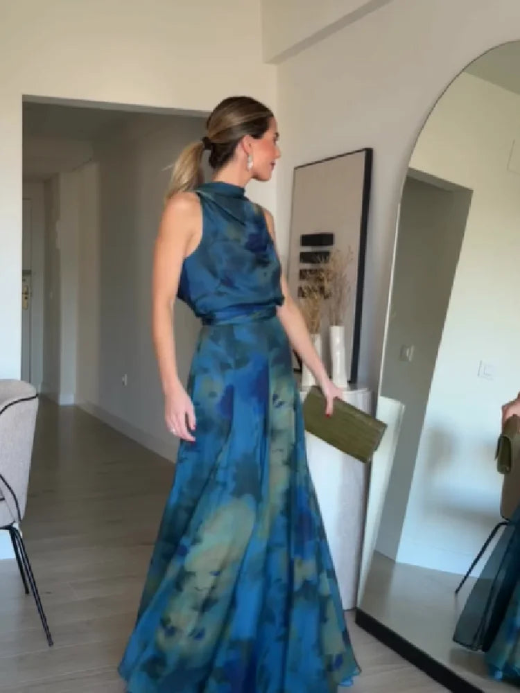 Women's Elegant Blue Watercolor Print Maxi Dress Sleeveless Cowl Neck Satin Formal Evening Gown A-line Floor Length Party Dress