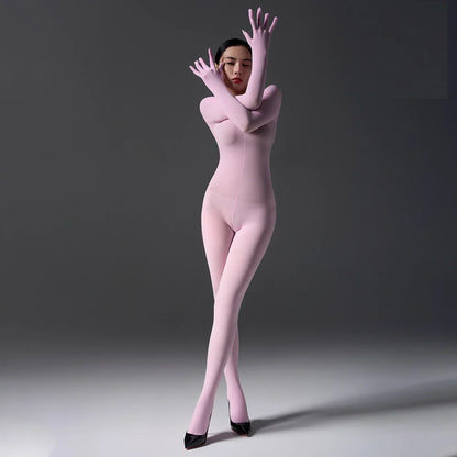 Sexy Women's Warm Full Body Bodysuit High Elastic Shaping Exotic Tights Sheer Cosplay Maid Leotard Long Sleeves Glove Jumpsuits