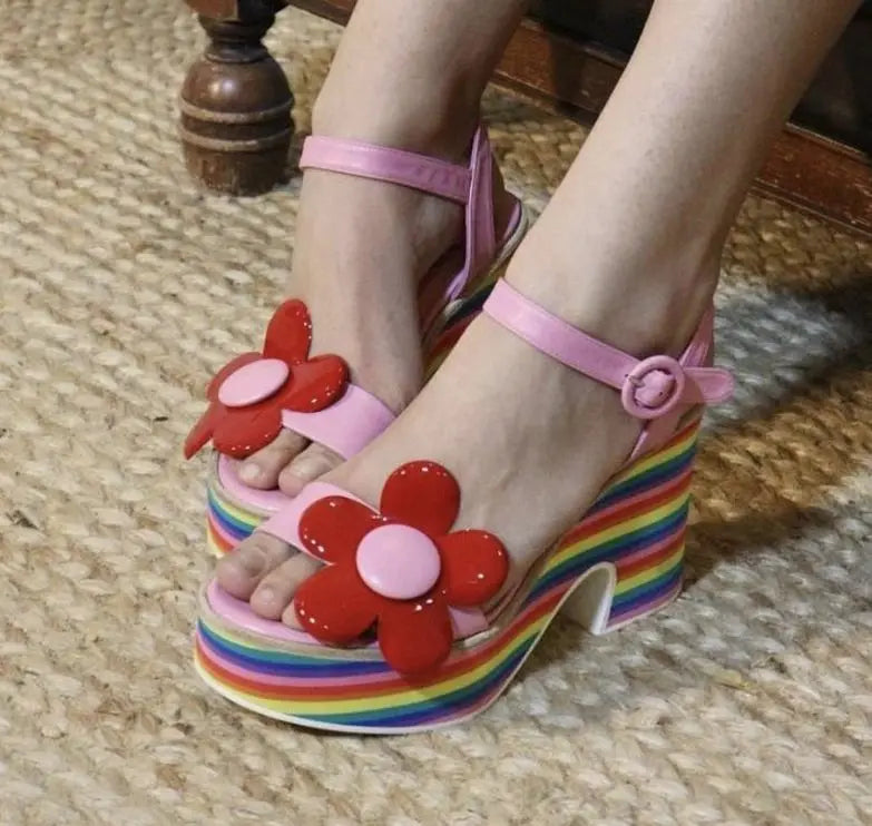 Sweet Style Round Toe Outdoor Flowers Summer Fashion Lady Slippers Strange Flower High Heels Pull On Design Large Size Shoes