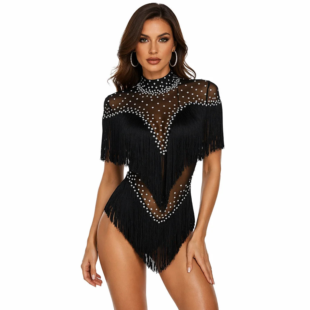 Sexy Rhinestone Tassel Bodysuits Women Night Club Party One Piece Jumpsuits Stage Performance Outfit Skinny Gogo Dancer Leotard