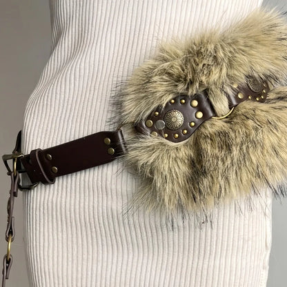 Fashion Women's Faux Fur Belt Rivet Leather Belts for Pants and Coats Brown and Black Y2K Girls' Belt