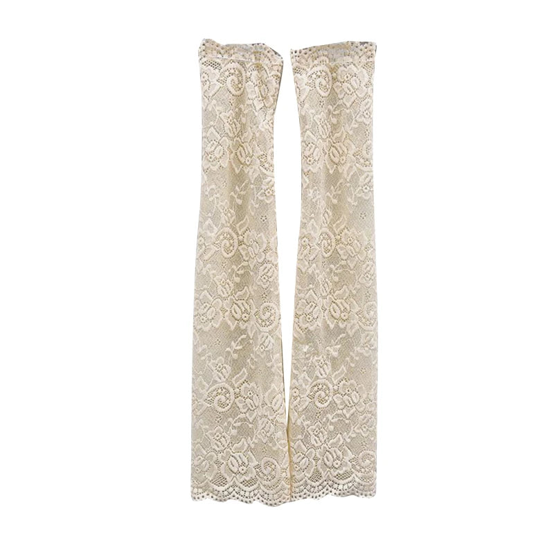 Women Summer Ice Silk Lace Arm Sleeve Elastic Sleeve Driving Gloves Black White Long Fingerless Mittens Sunscreen Gloves