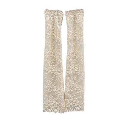 Women Summer Ice Silk Lace Arm Sleeve Elastic Sleeve Driving Gloves Black White Long Fingerless Mittens Sunscreen Gloves