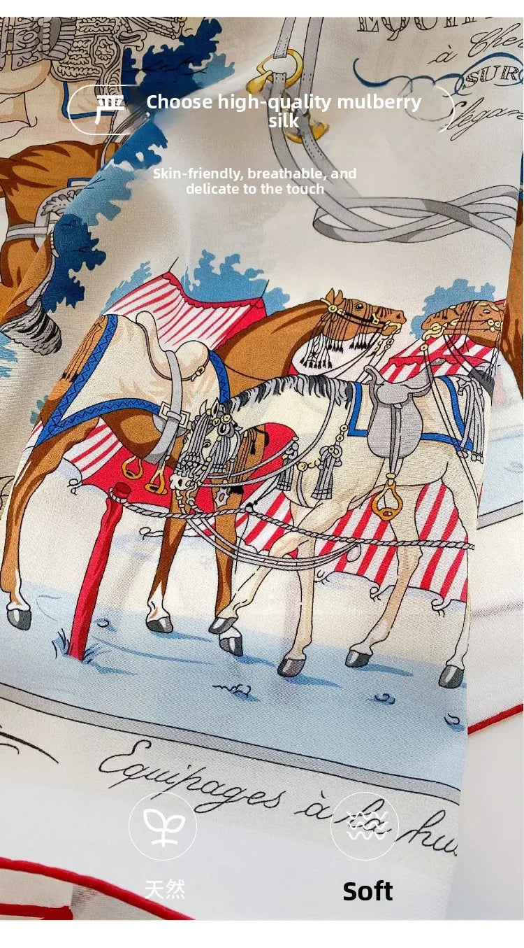100% Mulberry Silk Square Scarf Vintage Equestrian Horse Saddle Print Bandana Unisex Neck Head Wrap Office Travel Holiday Gift
