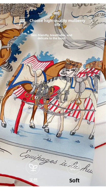 100% Mulberry Silk Square Scarf Vintage Equestrian Horse Saddle Print Bandana Unisex Neck Head Wrap Office Travel Holiday Gift