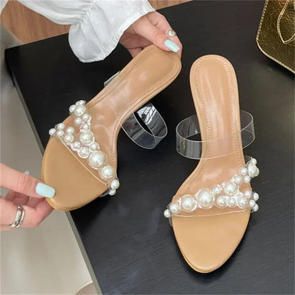Luxury Brand Design String Bead PVC Transparent Slippers Women Summer High Heels Sandalias Fashion Open Toe Party Slide Sandals