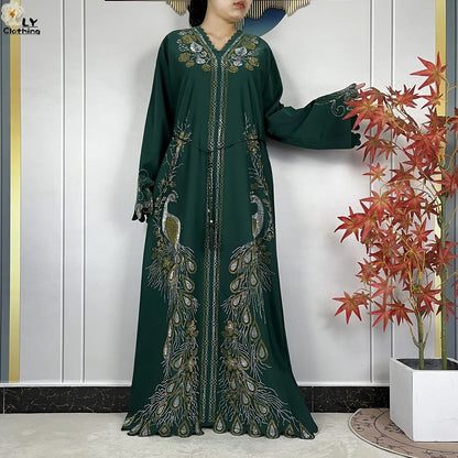 New Style Fashion Dubai Muslim Women Dress Elegant Arabic Femme Hijab Long Sleeve Chiffon Diamond Abaya Islamic Turkey Clothing