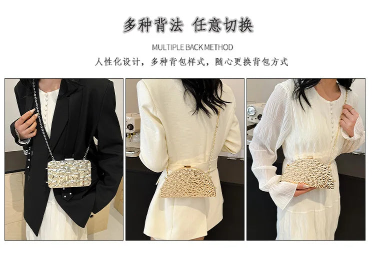 Luxury Golden Evening Bags For Women Wedding Dinner Party Chain Shoulder Cross Body Bag 2024 Designer Purses And Handbags