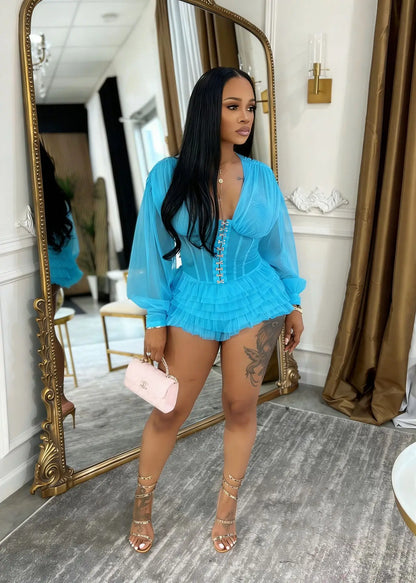 Boho Summer Mesh Casual Playsuit Sexy Women V-neck Elegant Night Club Ruffles Romper Overalls