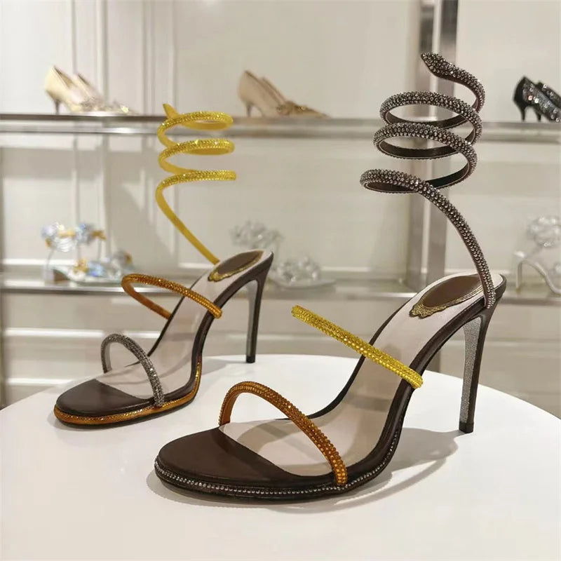 Summer Crystal Gladiator Sandals Women Rhinestone Twine Around Ankle Snake Wedding Shoes High Heels Sandals Woman
