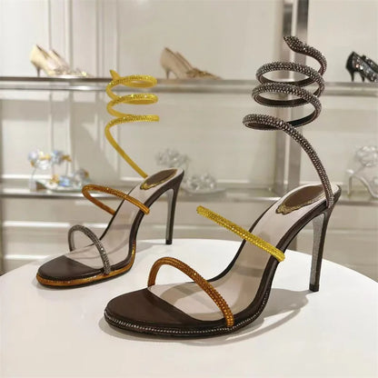 Summer Crystal Gladiator Sandals Women Rhinestone Twine Around Ankle Snake Wedding Shoes High Heels Sandals Woman