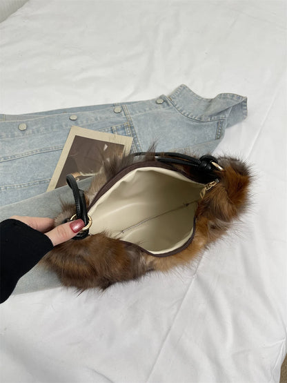 Winter Warm Fox Fur Shoulder Hobo Bags For Women Latest Luxury Designer Purses And Handbags Elegant Evening Bag For Dinner Party