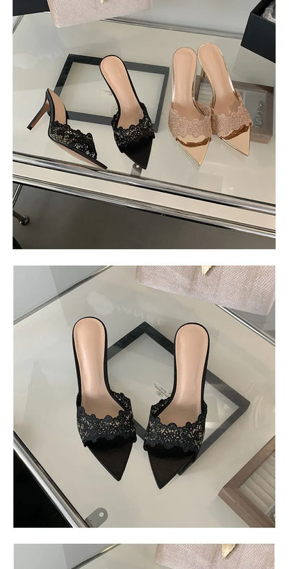 Luxury Lace Crochet Mule Slipper Woman Brand Design Point Toe High Heel Slide Sandal Ladies Elegant Evening Party Stiletto Shoes
