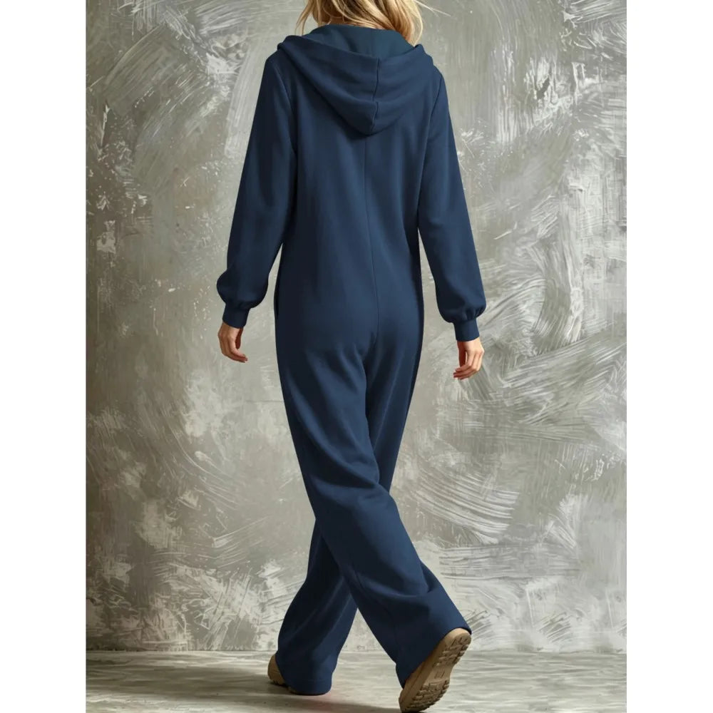 Autumn New Fashion Hooded Zipper Women's Jumpsuit Casual Loose Jumpsuit Straight Pants Pocket Rompers Lazy Female Home Wear 2026
