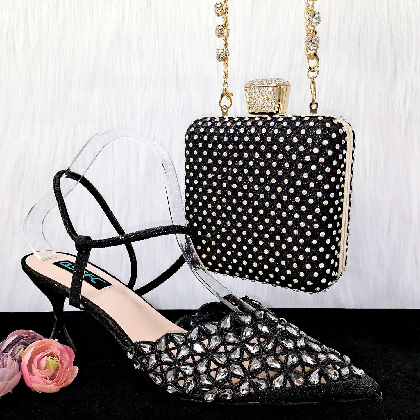 QSGFC Crystal Decoration Style Wine Glass Heel Shoes Friends Party Shoes Nigerian Fashion Peach Ladies Shoes And Bag For Party
