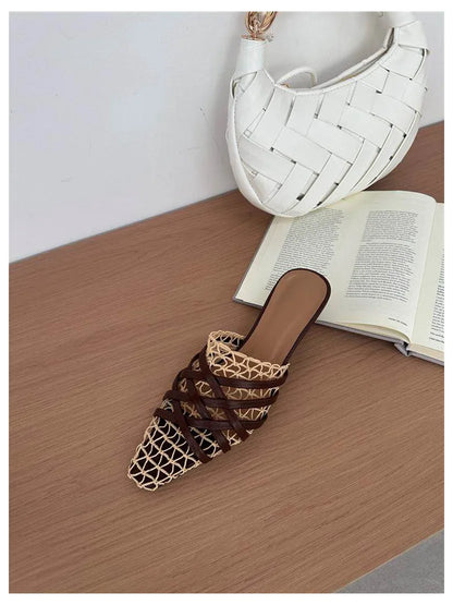 2026 Summer Luxury Fashion Designer Slippers Women Lace Mesh Square Toe Slip On Mule Slippers Low Heel Sandal Casual Shoes Muje