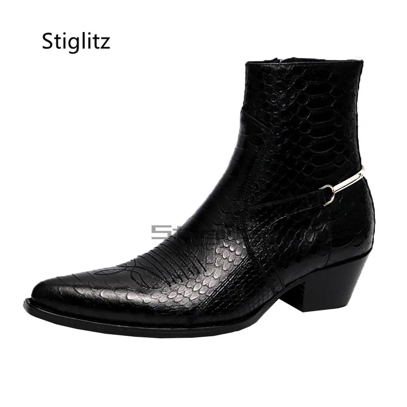 Genuine Leather Embroidery Men's Boots Pointy Chelsea Boots Snakeskin Metal Decor Chunky Heeled Ankle Boots Party Male Shoes