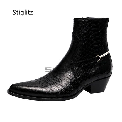Genuine Leather Embroidery Men's Boots Pointy Chelsea Boots Snakeskin Metal Decor Chunky Heeled Ankle Boots Party Male Shoes
