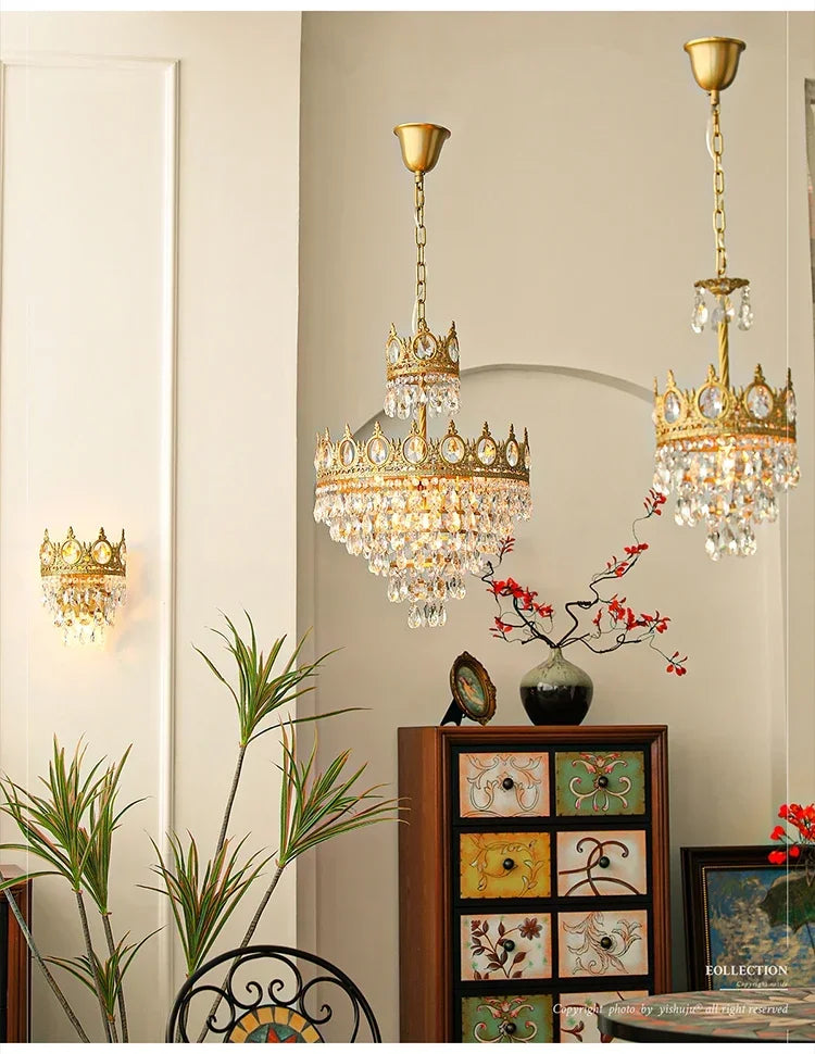 Modern Luxury Chandelier LED Crystal Vintage French Pendant Lamps for Living Dining Table Room Golden Crown Lighting Home Deocr