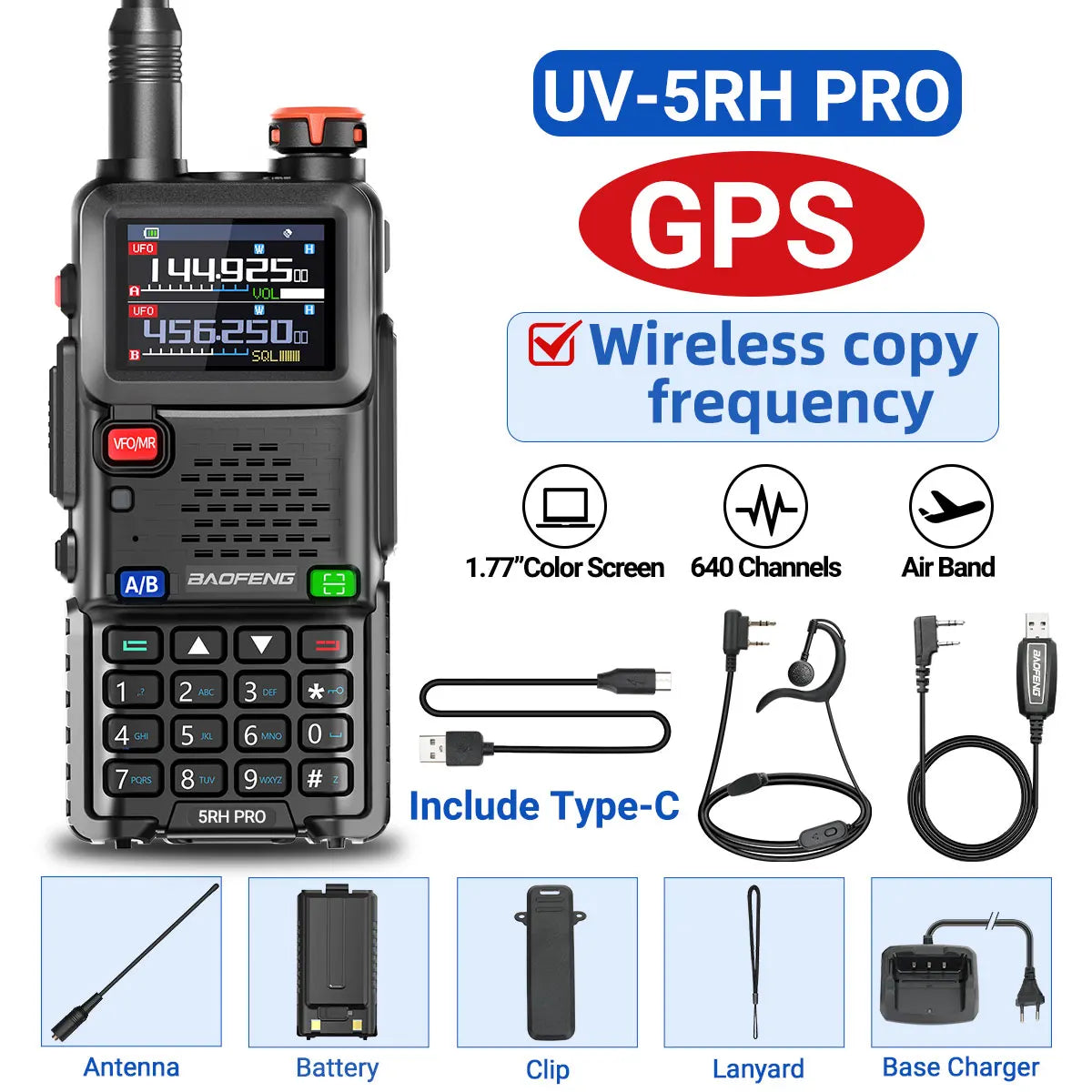 Baofeng UV-5RH PRO GPS Walkie Talkie Multi Band Wirless Copy Frequency NOAA Type-c Long Range UV-5R Tow Way Ham Radio