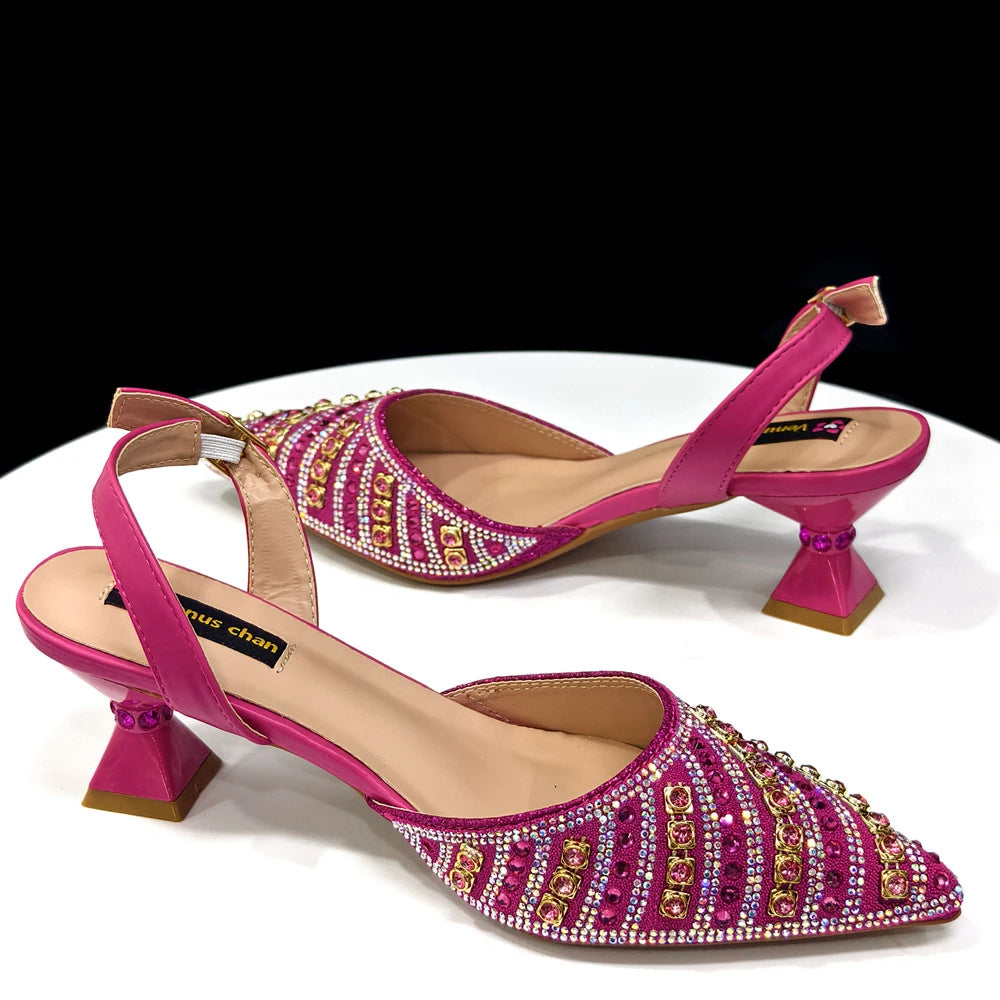 2025 Shiny Italian Fashion Pointed Toe Women Heel Fashion Rhinestone Decoration Fuchsia Color Shoes And Bag Set