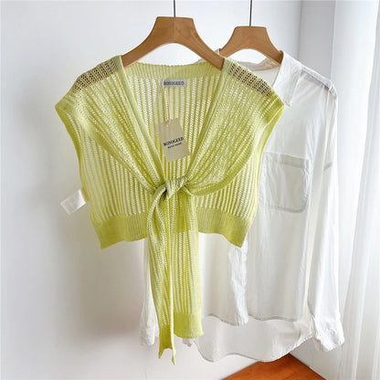 Women Plain Solid Lace Hollow Out Shawls Summer Air Conditioning Fake Collar Neck Guard Knit Thin Knotted Cape Shoulder Scarves