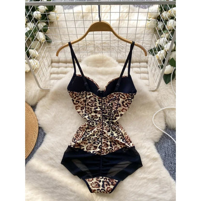 Women Hotsweet Spliced print backless leopard slim Vintage Straps Bodysuits Chic Jumpsuits Slim Top Clothing